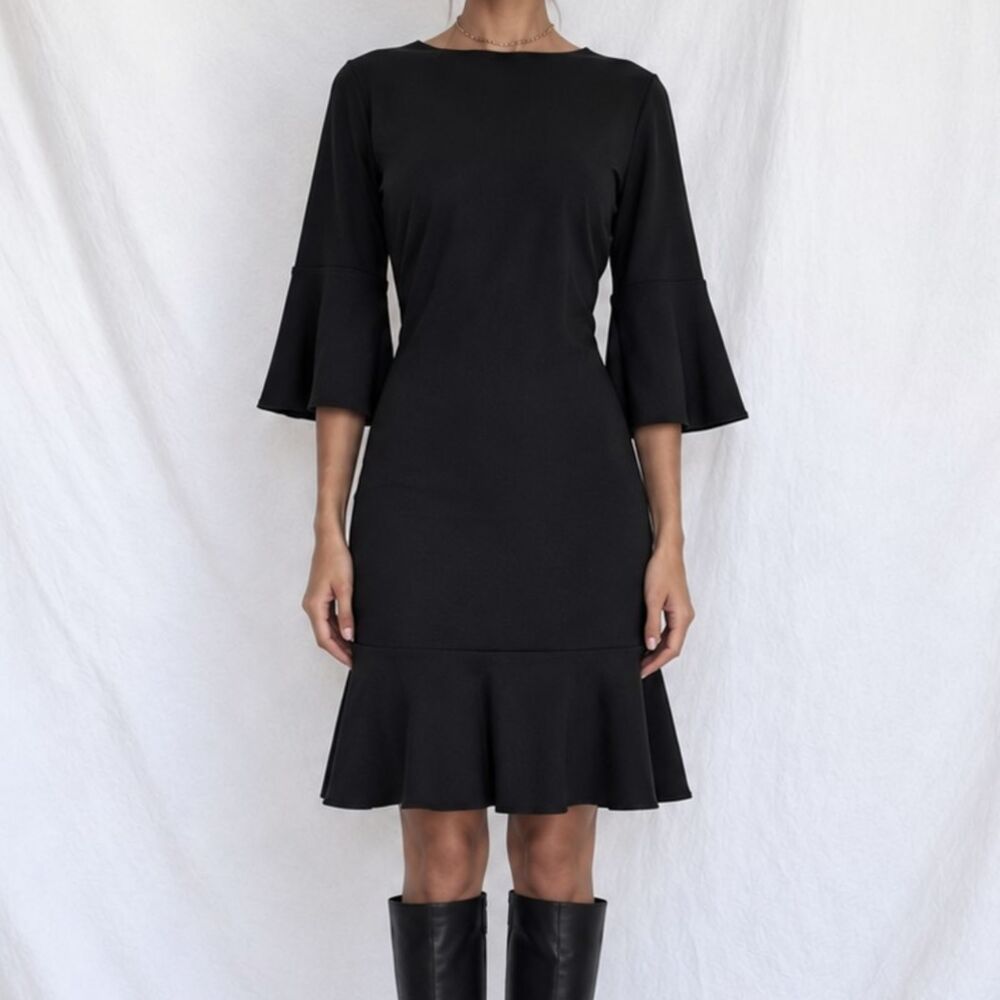 Vintage Y2K 90s Black Long Bell Sleeves Ruffle Knee Length Cocktail Dress Size L